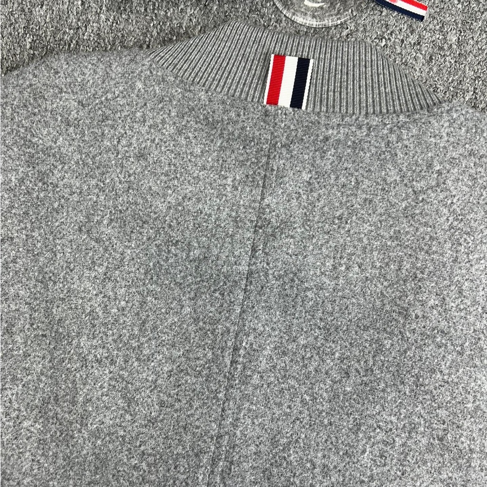 Thom Browne Gray Wool Bomber Jacket with White Leather Sleeves - Picture 9 of 11